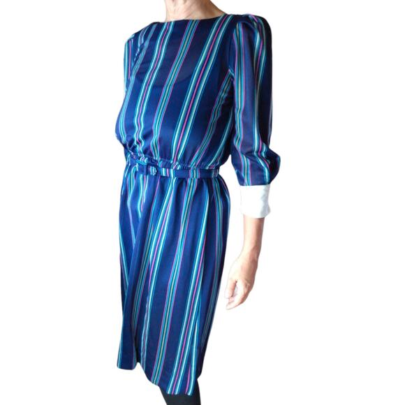 Vintage 70s 80s Sally Petites Blue Striped Belted Dress Sz 12 Fits 6/8 Modest - Picture 3 of 8